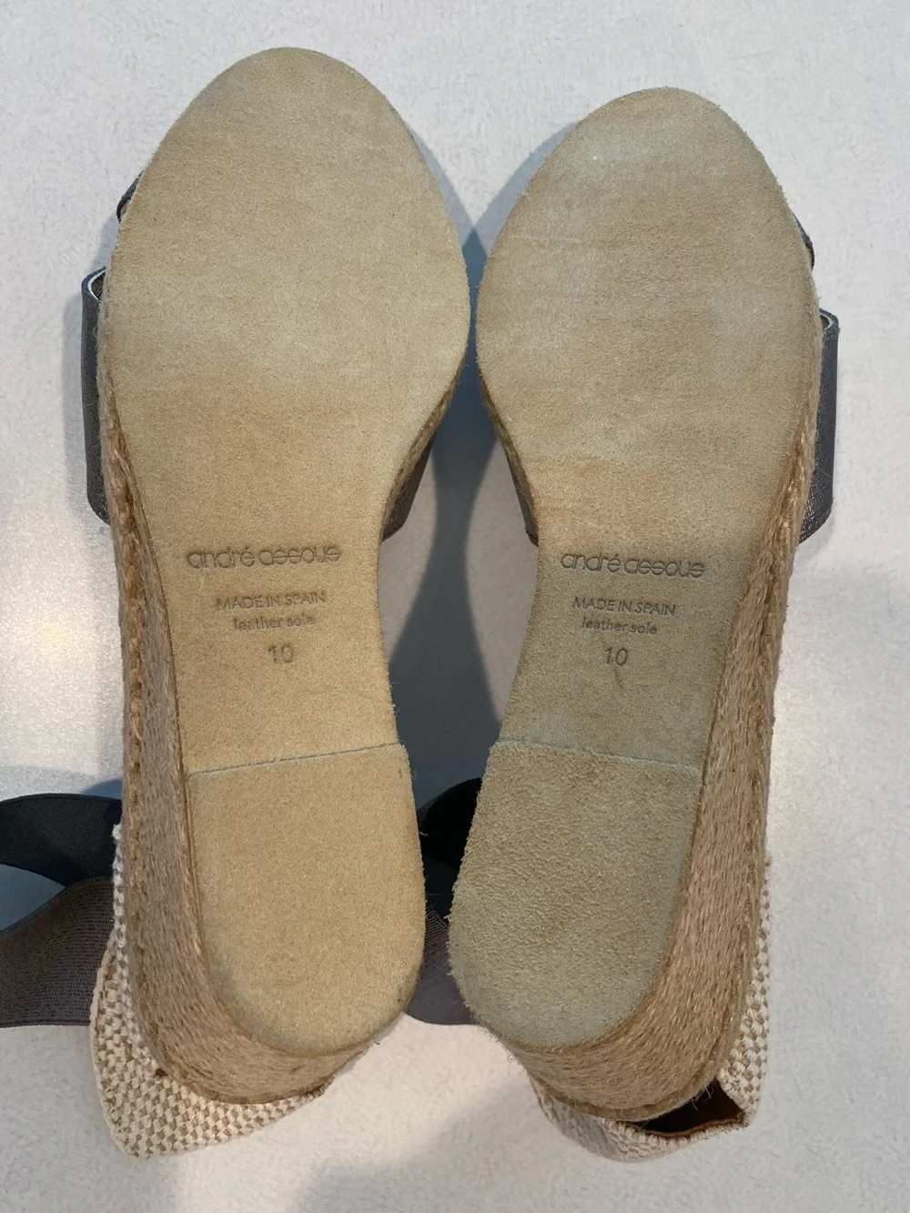 Andre Assous Gray Metallic and Natural Wedge Sandals. Leather Sole. Size 10
